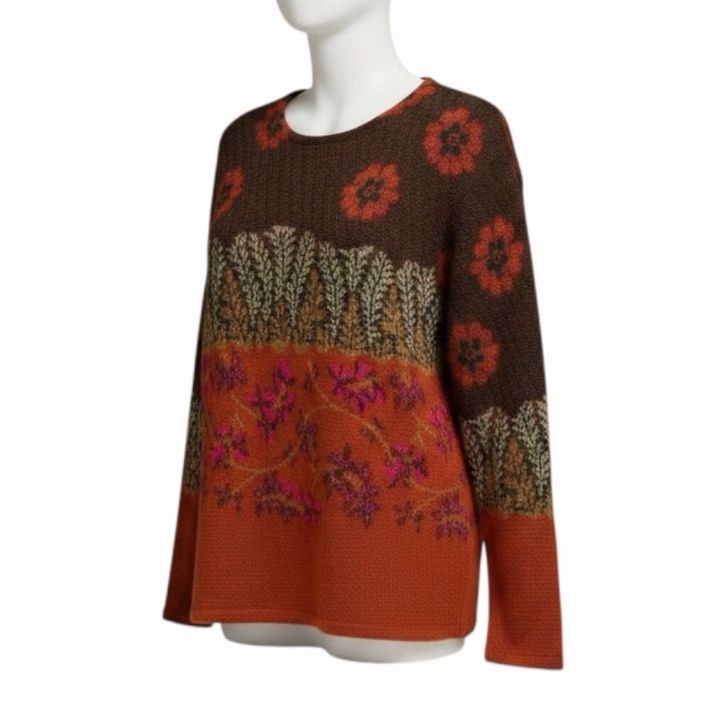 Oilily Vintage Wool Blend Sweater Top Shirt Blouse Floral Orange Brown XS